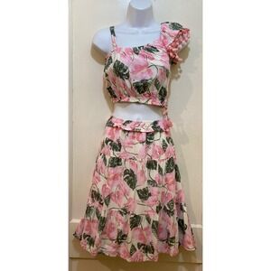 Jessica Simpson Tropical Floral L Two Piece Set Crop Top Tiered Skirt Boho Beach